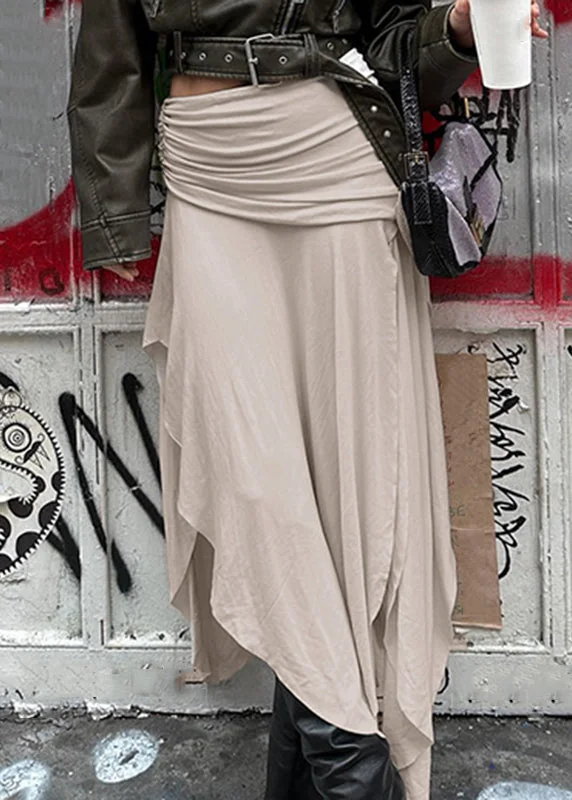 Unique Khaki Asymmetrical Wrinkled Patchwork Cotton Skirt Summer chiffon skirt airy
