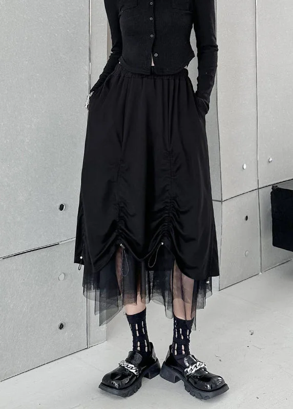 Women Black Drawstring Elastic Waist Tulle Patchwork Skirt Summer cashmere skirt soft Women Black Drawstring Elastic Waist Tulle Patchwork Skirt Summer cashmere skirt soft