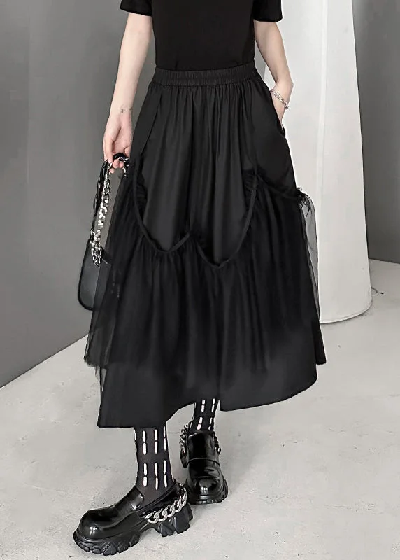 Women Black Wrinkled Pockets Elastic Waist Tulle Patchwork Skirts Fall silk skirt luxurious Women Black Wrinkled Pockets Elastic Waist Tulle Patchwork Skirts Fall silk skirt luxurious