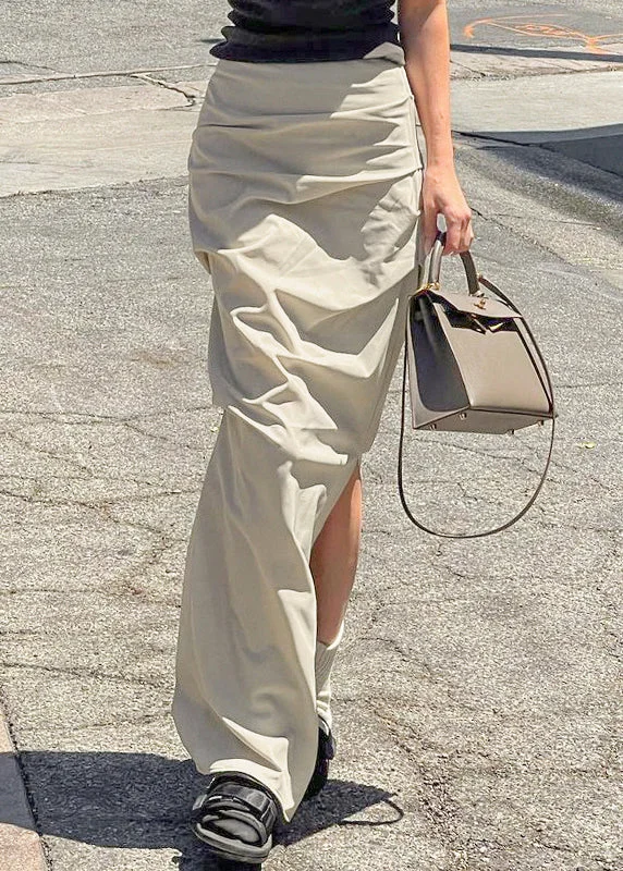 Women Khaki Wrinkled Side Open High Waist Patchwork Cotton Skirts Fall wool skirt warm